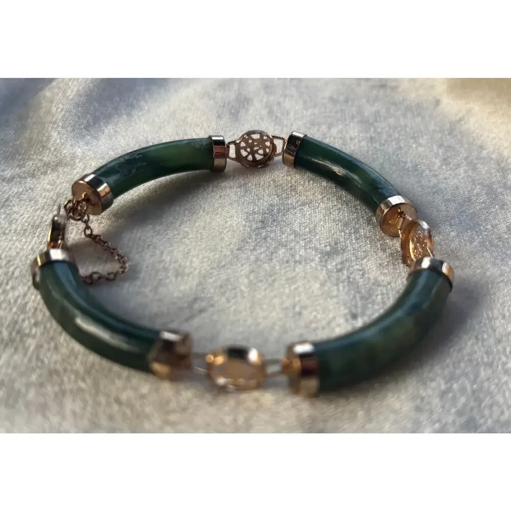 Vintage Jade Bracelet 4 Lucky Wishes Green Nephrite Gold Tone Bangle 7.5